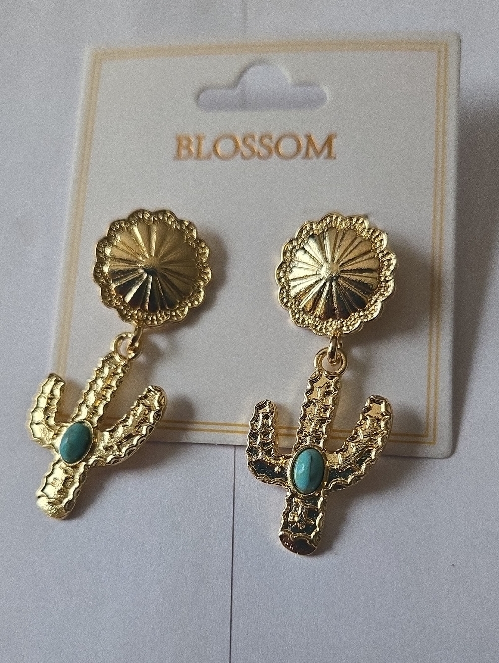 Western Blossom Gold Cactus Drop Earrings with Turquoise Accent